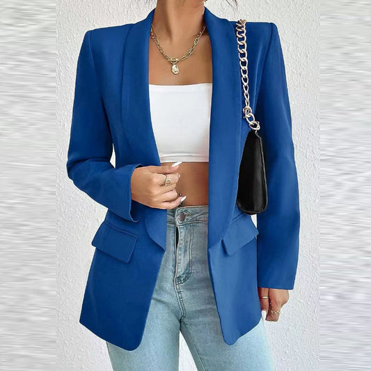 Chaqueta blazer informal de manga larga con solapa de color liso para mujer