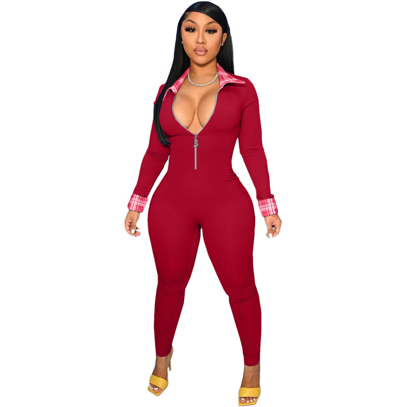 Women Stitching Lapel Zipper Long Sleeve Slim Fit Casual Jumpsuit