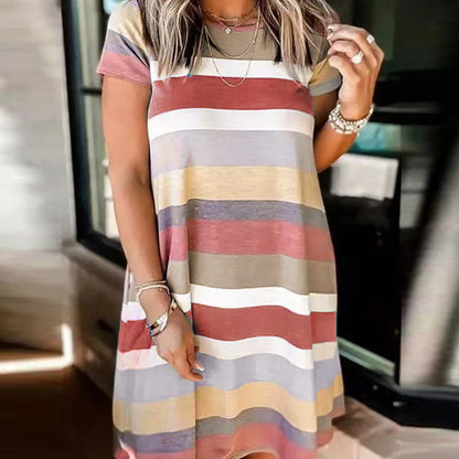 Summer Women Loose Casual Fashion Stripe Print Short Sleeve Dress