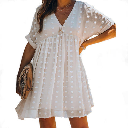 Women Solid Color V-Neck Chiffon Sweet Polka Dot Loose Casual Short Sleeve Dress