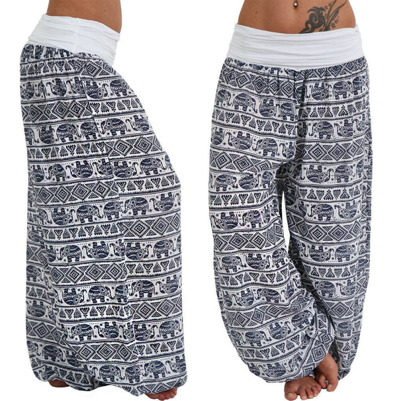 Women Casual Loose Printed High Waist Plus Size Wide Leg Pants