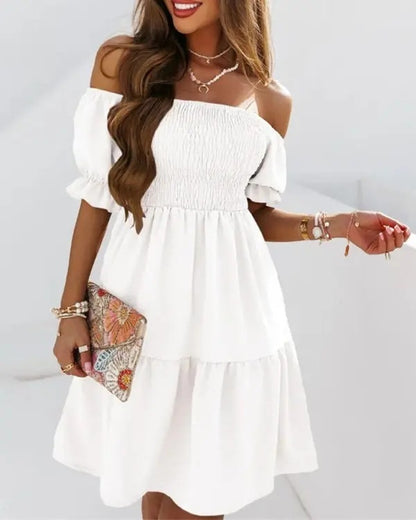 Vestido informal de manga corta con volantes y hombros descubiertos para mujer, estilo arcoíris