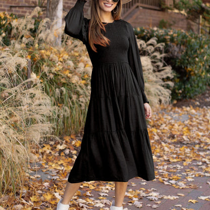 Vestido midi liso con mangas abullonadas y cuello redondo vintage informal para mujer de otoño e invierno