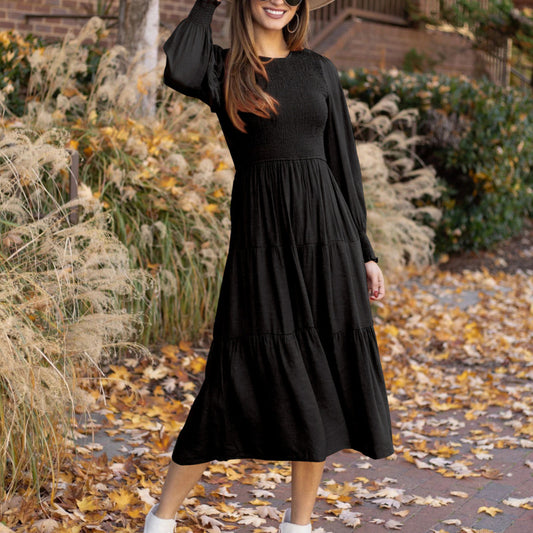 Vestido midi liso con mangas abullonadas y cuello redondo vintage informal para mujer de otoño e invierno