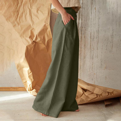 Women Solid Color Casual High Waist Buttoned Cotton Linen Wide Leg Pants