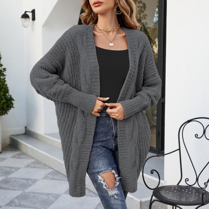 Cárdigan de punto de felpa de manga larga de color liso informal de invierno para mujer