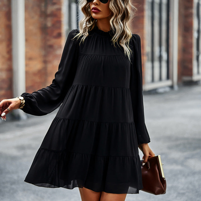 Women Casual Solid Color Stitching Round Neck Loose Long Sleeve Dress