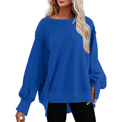 Sudadera informal de otoño para mujer, holgada, de color liso, con cuello redondo y manga larga