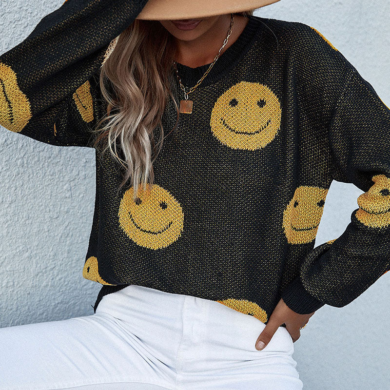 Top de punto de manga larga con cuello redondo y sonrisas informal para mujer