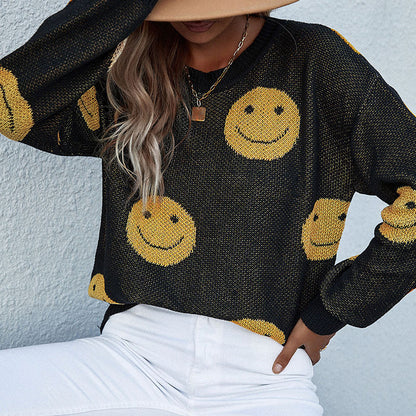 Top de punto de manga larga con cuello redondo y sonrisas informal para mujer