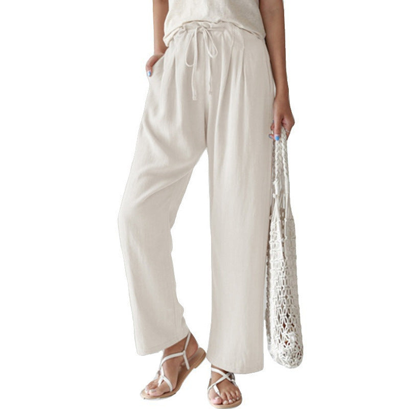 Pantalones rectos holgados de cintura elástica de lino y algodón para mujer