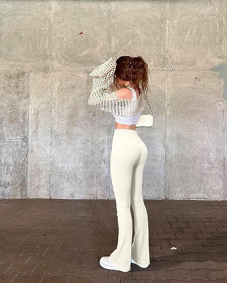 Pantalones deportivos básicos de color liso para mujer, informales, de punto acanalado, para yoga, ejercicio, cintura alta, acampanados