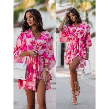 Women Fashion Casual Floral Printing Defined Waist Ruffled Wrap Dresses