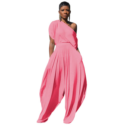 Conjunto de dos piezas de pantalones harén informales de algodón de color liso con hombros inclinados para mujer