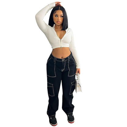 Women Fashion Casual Straight Stretch Cargo Pants Jeans
