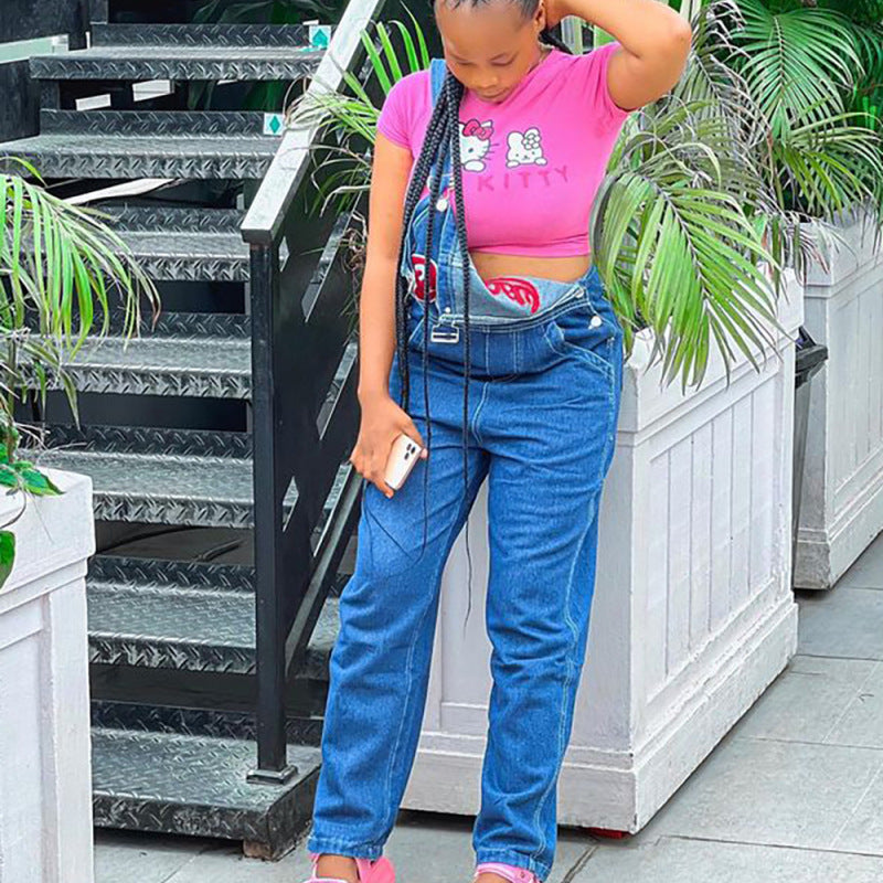 Women Fashion Casual Letter Embroidered Strap Denim Jumpsuit