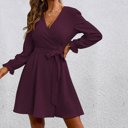 Women Casual Solid Color Slit V Neck Sash Long Sleeve Wrap Dress