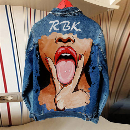 Chaqueta vaquera informal de manga larga con estampado gráfico y botonadura sencilla para mujer