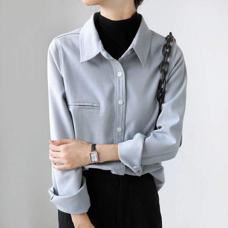 Women Fashion Casual Winter Long Sleeve Solid Thickened Corduroy Shirt Office Blouse