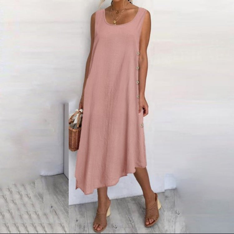 Vestido largo informal de lino y algodón con botones y vuelo irregular para mujer de verano