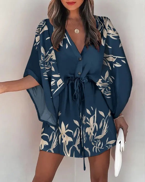 Women Elegant Bohemian Summer Short Sleeves V Neck Casual Bandage Holiday Dress