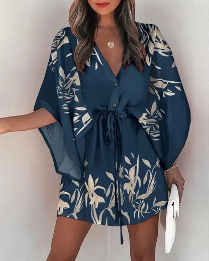 Women Elegant Bohemian Summer Short Sleeves V Neck Casual Bandage Holiday Dress