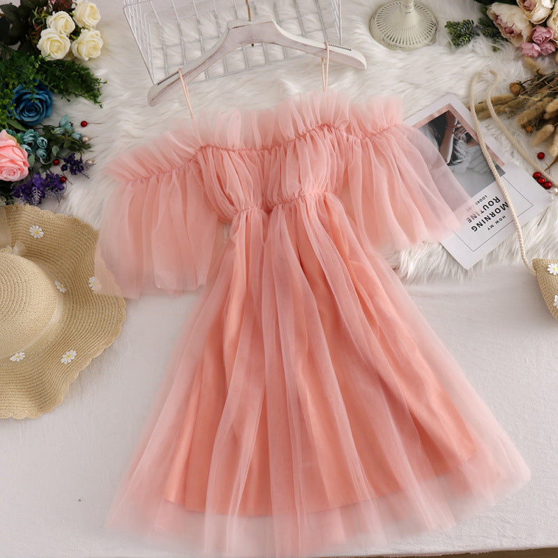Women Casual Vacation Mesh Mid-Length One-Shoulder Suspender Dress