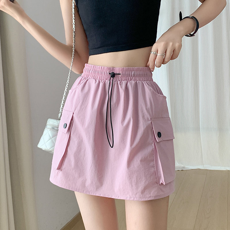 Summer Women Fashion Casual Solid Color High Waist Drawstring Skirt