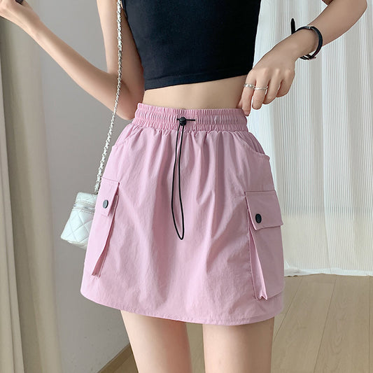 Summer Women Fashion Casual Solid Color High Waist Drawstring Skirt