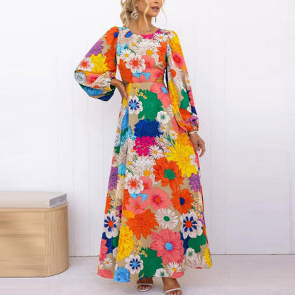 Vestido largo informal de manga larga con cordones y estampado floral para mujer