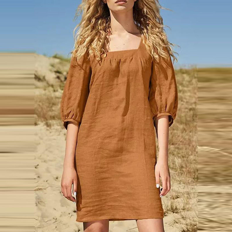 Women Fashion Casual Simple Square Collar Cotton Linen Puff Sleeve Slim Fit Dress