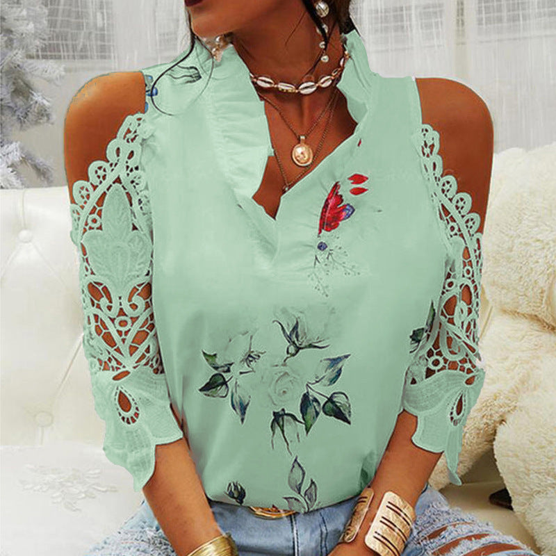 Blusa informal de verano para mujer, con estampado floral, hombros descubiertos, encaje y patchwork, de manga larga