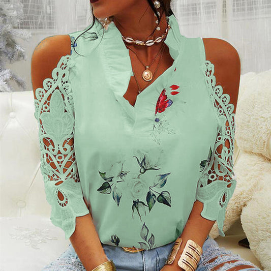 Blusa informal de verano para mujer, con estampado floral, hombros descubiertos, encaje y patchwork, de manga larga