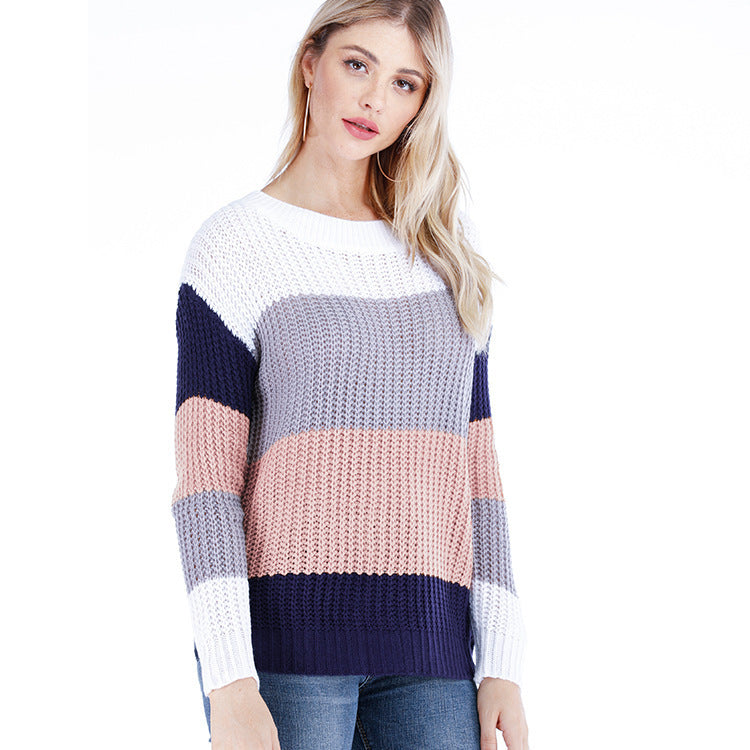 Women Casual Autumn And Winter Stripe Loose Knitted Sweater