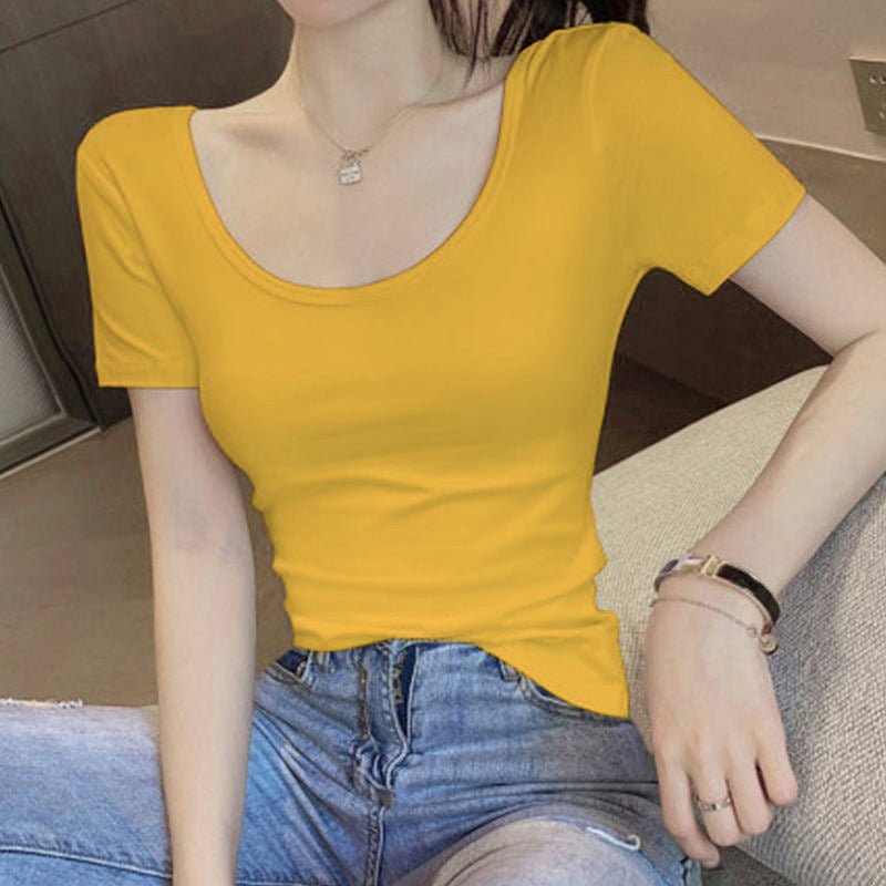 Camiseta informal de manga corta con cuello en U y color liso para mujer