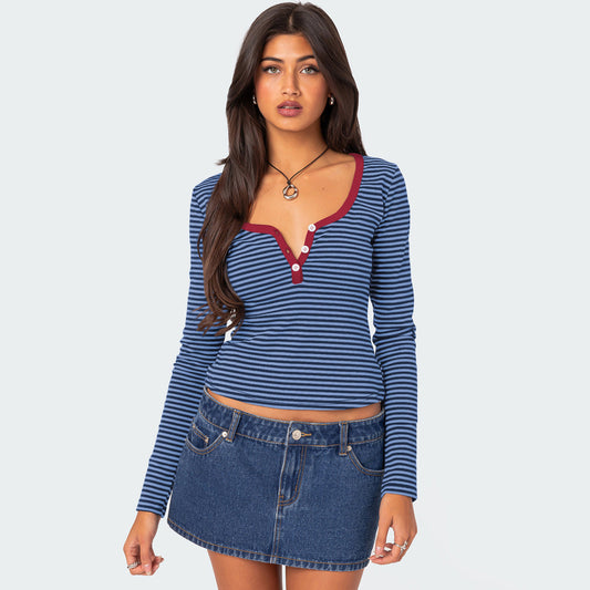 Camiseta informal de manga larga a rayas con cuello en V para mujer
