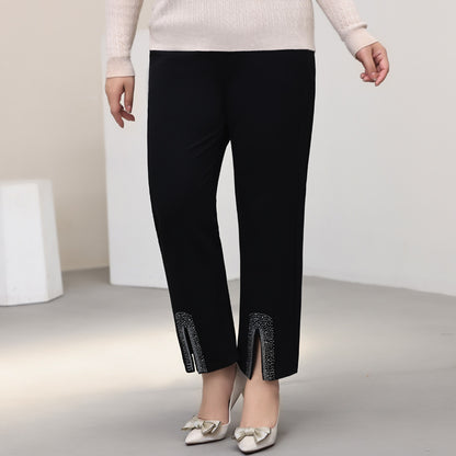 Women Fashion Casual High Waist Rhinestone Plus Size Pants