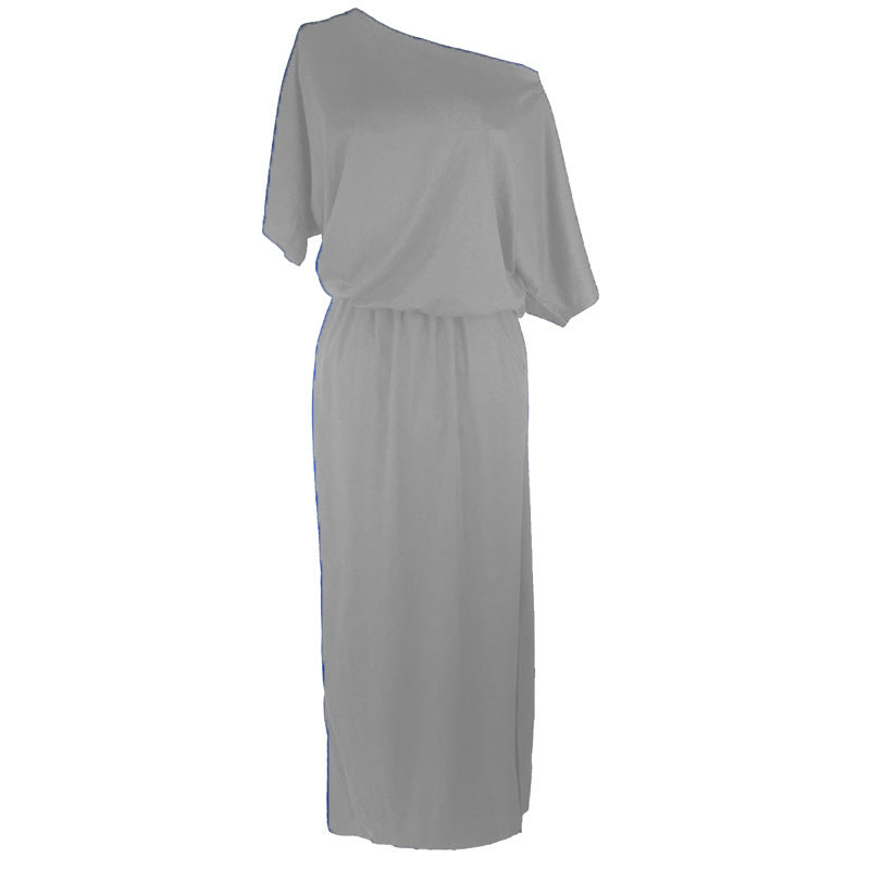 Women Casual Basic Solid Color Short Sleeve Summer Oblique Shoulder Side-slit Pocket Loose Dress