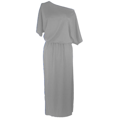Women Casual Basic Solid Color Short Sleeve Summer Oblique Shoulder Side-slit Pocket Loose Dress