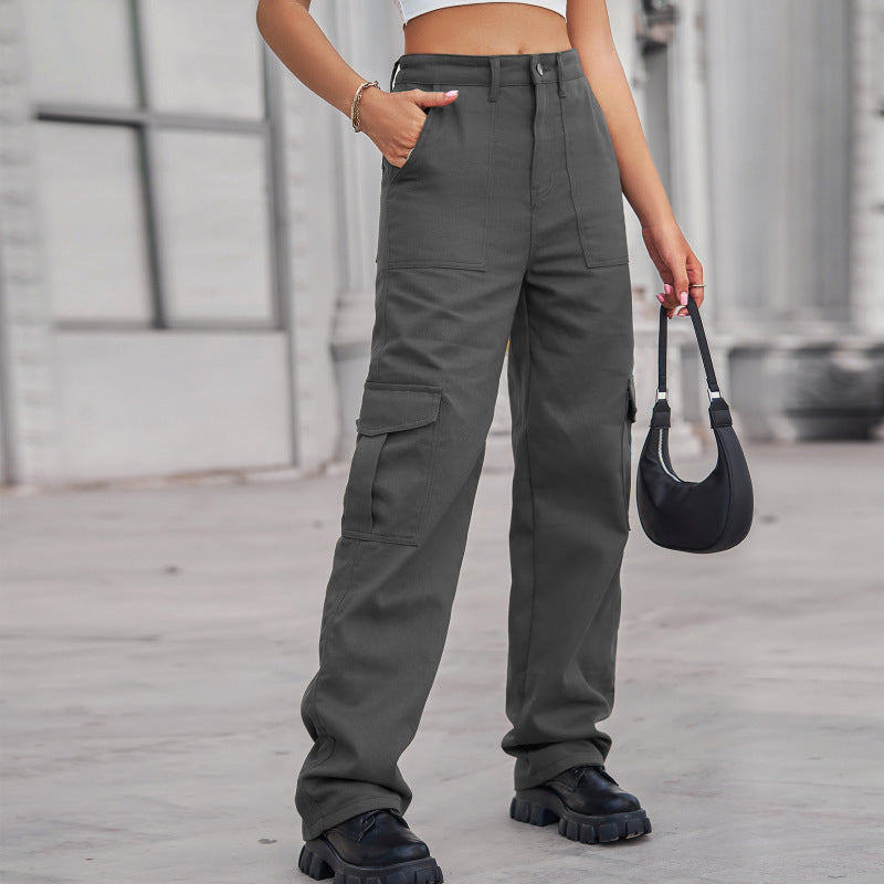 Women Fashion Casual High Waist Denim Cargo Pants