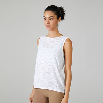 Women Casual Loose Solid Color Round Neck Sleeveless Back Split Sports Tank Top