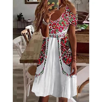 Women Bohemian Style Pleated Off-Shoulder Short-Sleeved Casual Midi Dress