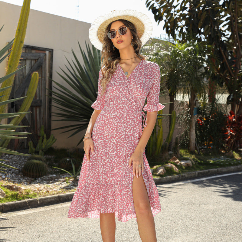 Women Summer Vacation Casual A-Line Short Sleeve Floral Wrap Dress