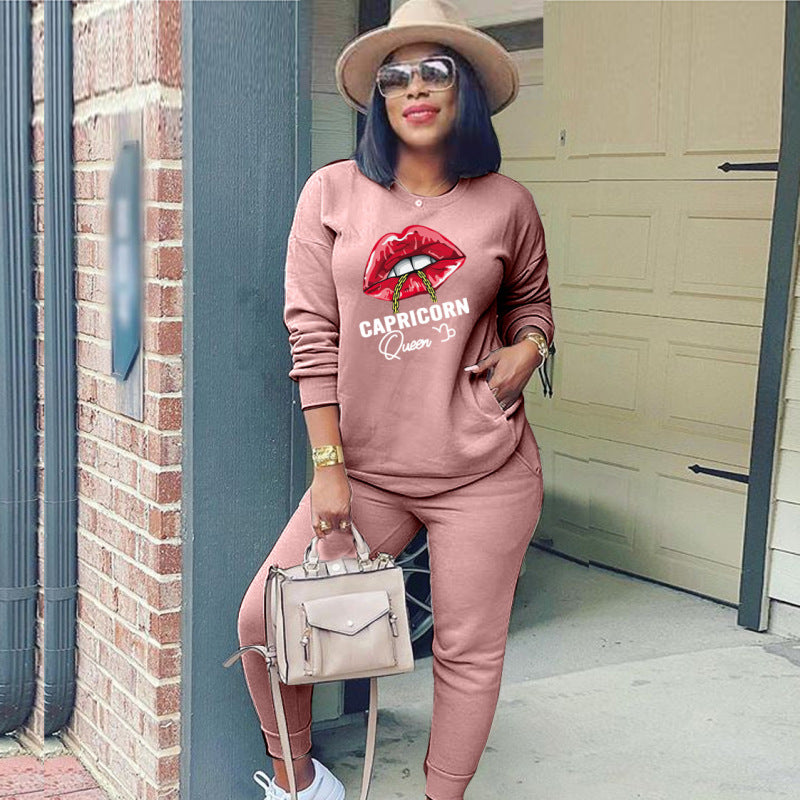 Conjunto deportivo de dos piezas para mujer, moda deportiva, sudadera de manga larga con estampado de labios y letras, pantalones casuales