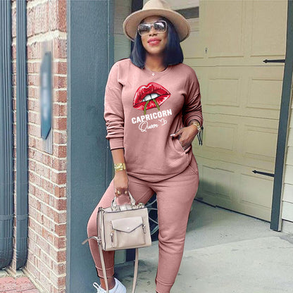 Conjunto deportivo de dos piezas para mujer, moda deportiva, sudadera de manga larga con estampado de labios y letras, pantalones casuales