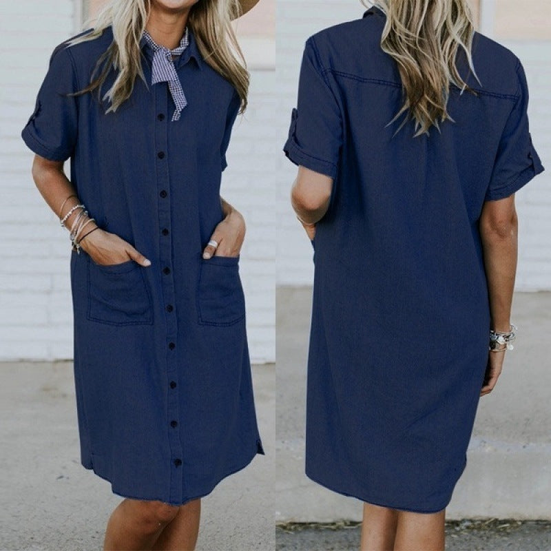 Women Solid Denim Lapel Short Sleeve Button Pocket Loose Casual Dress