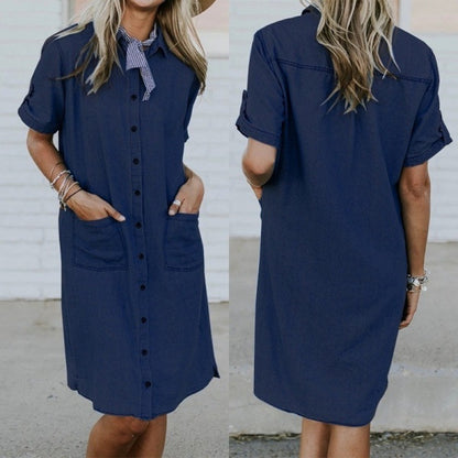 Women Solid Denim Lapel Short Sleeve Button Pocket Loose Casual Dress