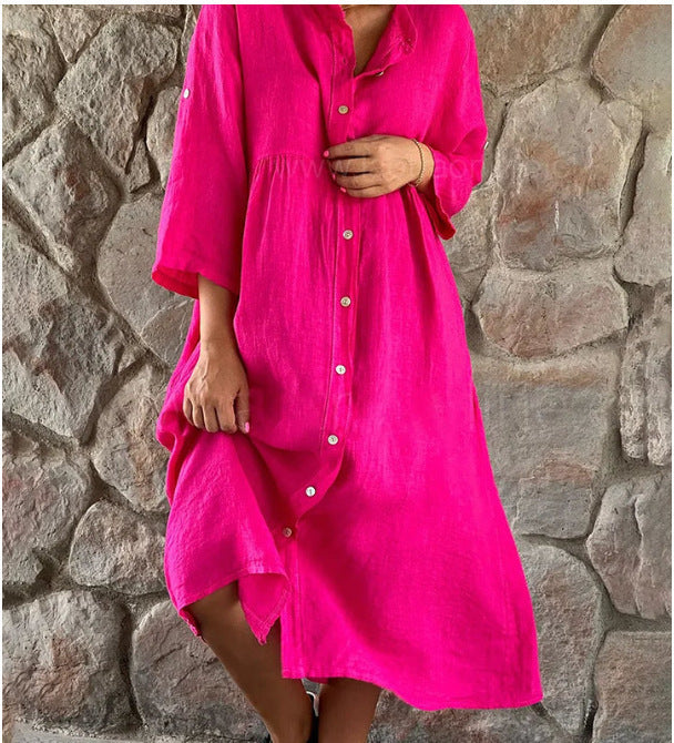 Casual Women Cotton Linen Solid Color Button Shirt Dress