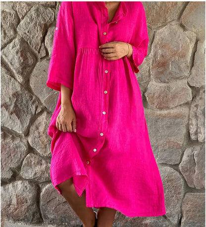 Casual Women Cotton Linen Solid Color Button Shirt Dress