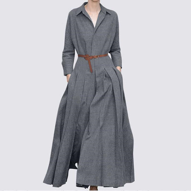Vestido largo informal elegante de manga larga con solapa en color liso para mujer